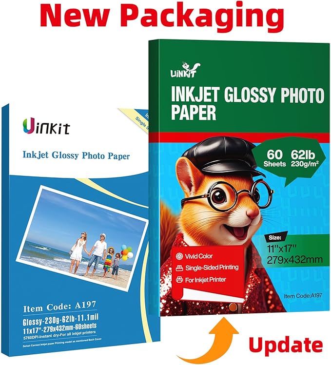 Uinkit 11 x 17 Thick Photo Paper Glossy 11x17 60Sheets 62lb Inkjet Heavyweight 230gsm Gallery show Brochure Pictures Funeral Bulletin Obituary Papers Obituaries Gloss Papers