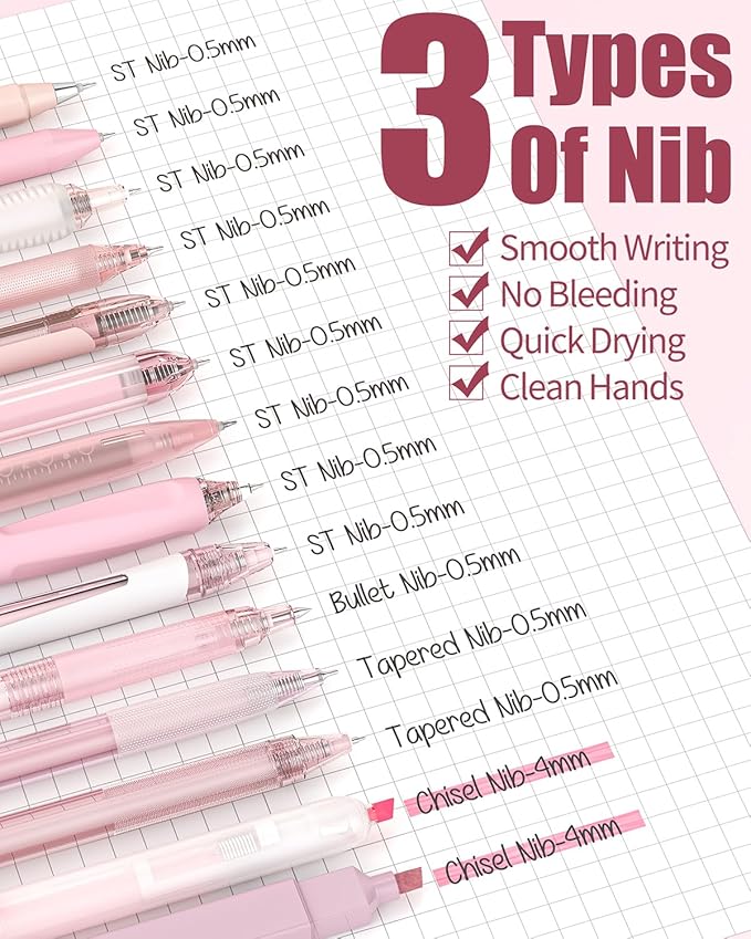 Four Candies 14Pack Pastel Gel Ink Pen Set,Cute Retractable 0.5mm Fine Point Pen,Note Taking Aesthetic Pens,12 Pack Black Ink Pens with 2Pack Highlighter, Smooth Writing Pens for School, Office (Pink)