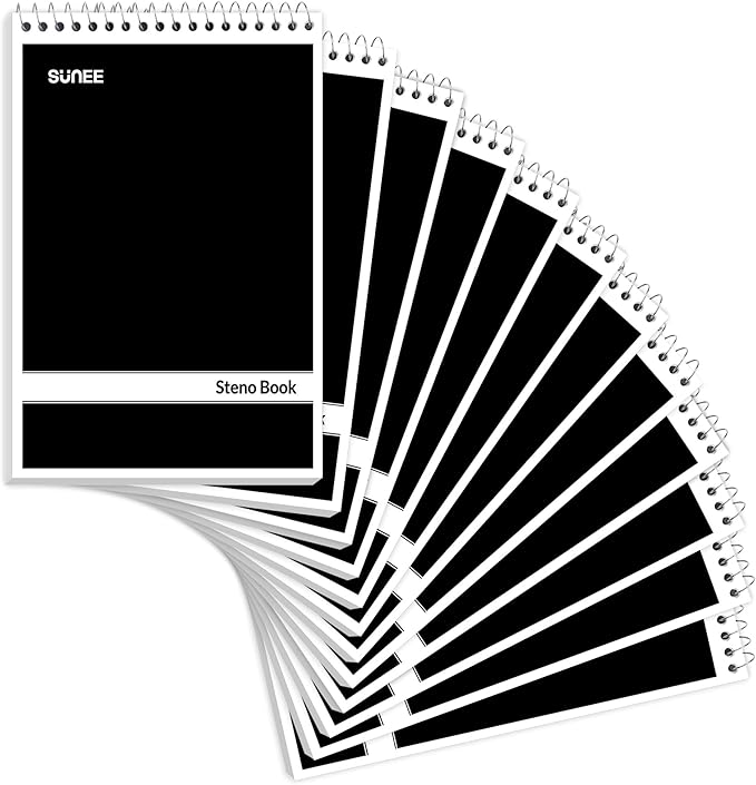 SUNEE 12 Pack Steno Pads 6x9, Gregg Rule, 60 Sheets, Spiral Notebook 6x9, White Paper, Take Notes with Top Spiral Notebook, for School, University, College, Work, Office, Black