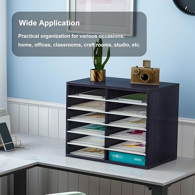 PAG Countertop Mail Sorter Organizer, Wooden Literature Organizer, Student Mailbox for Classroom, Desktop Bill Organizer for Office Home School, 12 Compartments, Black&White