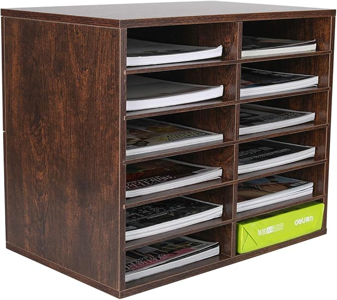 PAG Countertop Mail Sorter Organizer, Wooden Literature Organizer, Student Mailbox for Classroom, Desktop Bill Organizer for Office Home School, 12 Compartments, Brown