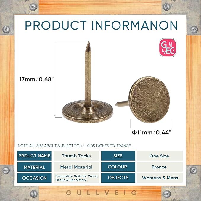 Gullveig Bronze Push Pins and Thumb Tacks: Heavy Duty Flat Upholstery, Long Carpet Tacks, and Decorative Nails for Wood and Fabric, 50 Count