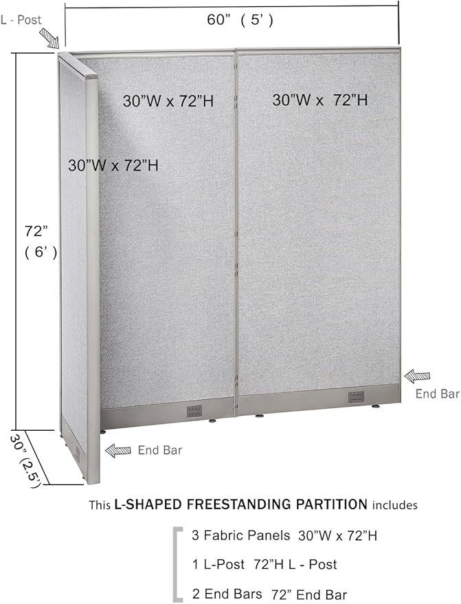 GOF Freestanding L Shaped Office Partition, Large Fabric Room Divider Panel, 30" D x 60" W x 72" H