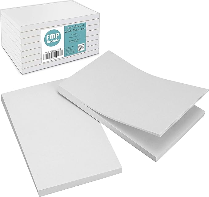 FMP Brands 10 Pack Note Pads 4x6, 100 Sheets Per Memo Pad, Writing Scratch Pad, Blank Notepad, White Waitress Server Note Pads, Paper Pad, To Do Grocery List Small Notepads