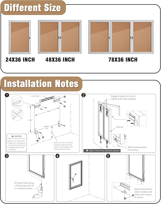 36"x24" Enclosed Bulletin Board, Outdoor Lockable Weather-Resistant Aluminum Cork Noticeboard for School & Office, Silver Frame w/Cork