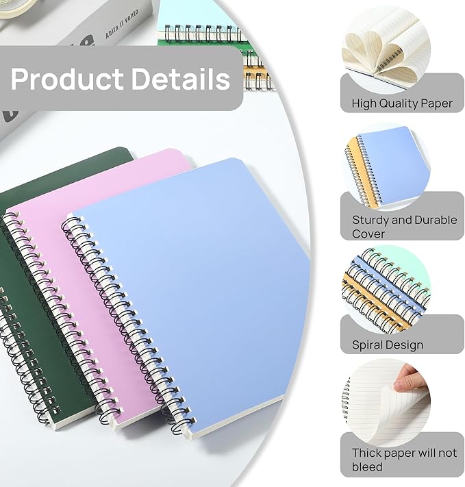 miikoul 48 Pack A5 Spiral Lined Notebooks, 8.3" X 5.5", 60 Sheets/120 Pages Wide Ruled Notebook Spiral Journals Bulk Paper Cover Notepad 12 Colors for Students Taking Class Notes Home Office Gift