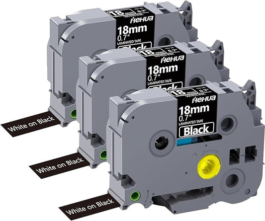 Hehua Tze Tz 18mm 0.7 Laminated Black Tape Compatible for Brother P-Touch TZe-345 TZe345 TZ-345 TZ345 Label for Ptouch PT D400 D600 D610 P710bt, 3/4'' x 26.2ft White on Black, 3 Pack