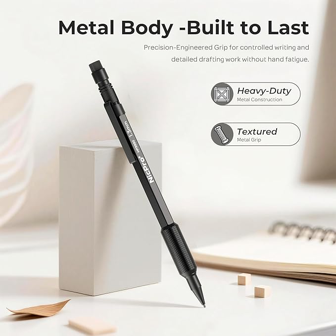 Nicpro 1.3mm Mechanical Pencil Set in Leather Bag with Lead Refill Black & Colors, Erasers- Weatherproof Metal Heavy Duty Carpenter Pencil & Spiral Notebook for Outdoor Drafting Marking Drawing