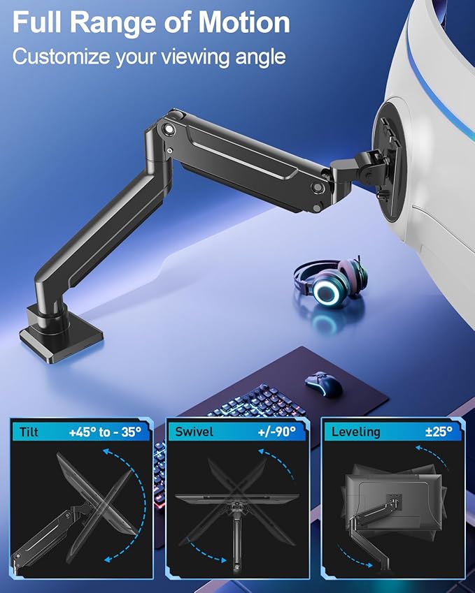 MOUNT PRO Heavy Duty Monitor Arm for Max 49 Inch Ultrawide Screens up to 44 lbs, Aluminum Premium Single Monitor Mount for Samsung Odyssey G9 and More, Adjustable Display Desk Stand, VESA 100x100mm