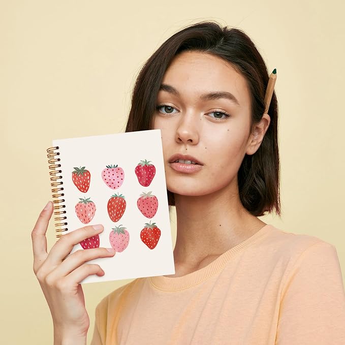 JXREQ Strawberry Pink Notebook Journal for Women Teen Girls Note Taking Writing College, Strawberry Office School Supplies, Cute Spiral Notebooks 5.5x8.3