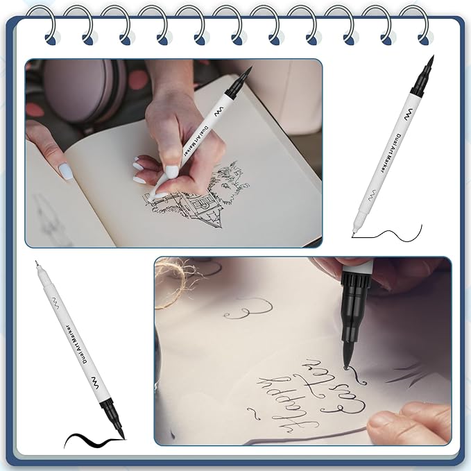 50 Pcs Black Drawing Pens Bulk Dual Brush Fineliners Pens Felt Tip Markers for Art Drawing Sketching