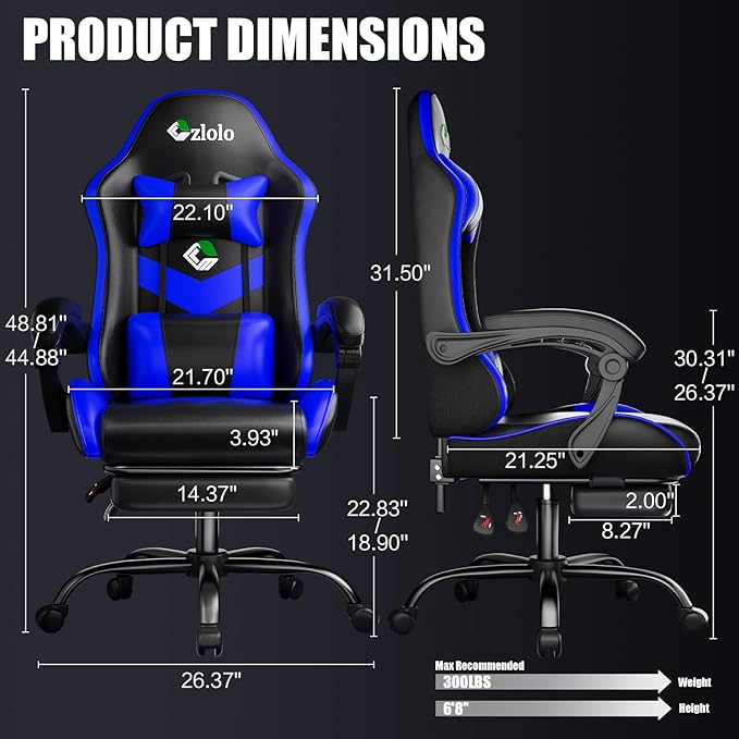 Gaming Chair, Ergonomic Office Computer Chair with Footrest and Lumbar Support Massager Racing Style High Back Video Gamer Chair, Wide＆Thick Cushion, 90°-135° Recline, Adjustable Height, Blue