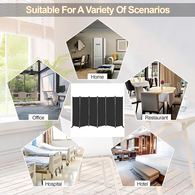MAYOLIAH 6 Panel Folding Privacy Screen 9ft Wide, 6ft Tall Partition Room Divider Portable Office Walls Dividers, Black