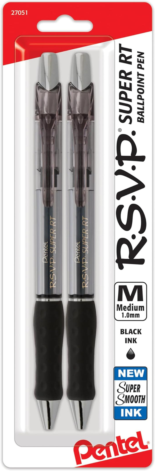 Pentel RSVP Super RT Ballpoint Pen, (1.0mm) Medium Line, Black Ink, 2-Pk - BX480BP2A