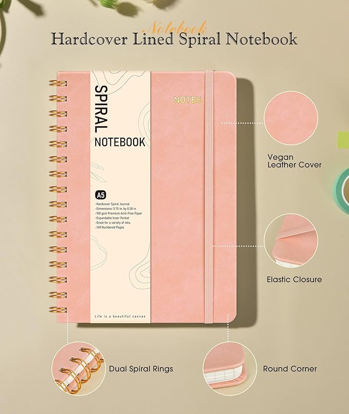 Graph Spiral Journal Notebook, A5 Hardcover Spiral Journals for Women Men, 100 GSM Graph Paper Notebooks, 150 Pages Spiral Bound Grid Notebook for Writing Note Taking Work 5.75" x 8.38", Blush Pink