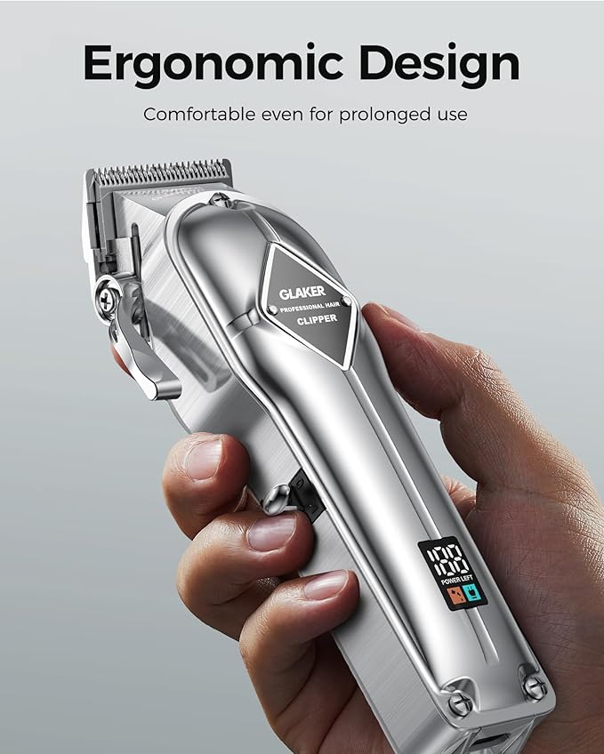 GLAKER Hair Clippers for Men Professional - Cordless Clippers and Trimmers Set, Complete Barber Kit for Hair Trimming & Beard Grooming, Mens Haircutting Kits for Blending & Fade Cuts (Silver)