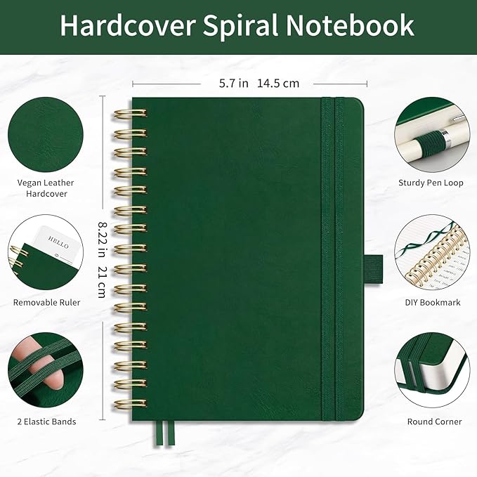 EMSHOI A5 Leather Hardcover Spiral Notebook College Ruled, 300 Numbered Pages, 100GSM, Lined Journal for Women Men, Work, Writing, Note-Taking, Journaling – Dark Green, 5.7”x8.22”