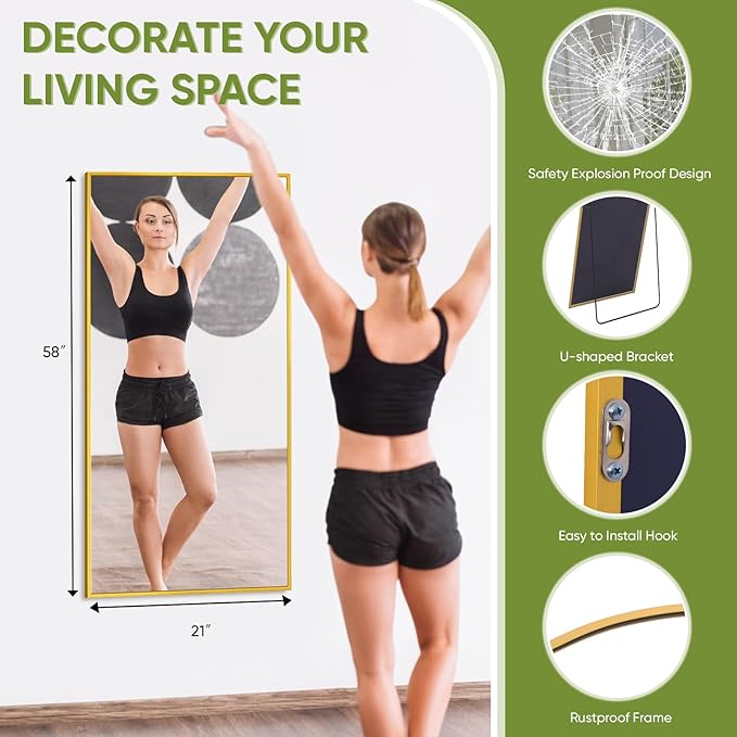 Full-Length Floor Mirror with Stand, 58"x21" Rectangle Style Full Body Standing Mirror for Bedroom, Living Room, Gym, Dorm - Shatter-Resistant & Easy Assembly, Gold