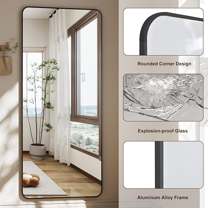 HARRITPURE 66x23 inch Rounded Full Length Mirror Aluminum Frame Mirror Full Length Floor Mirror with Stand for Living Room Bedroom Cloakroom,Black