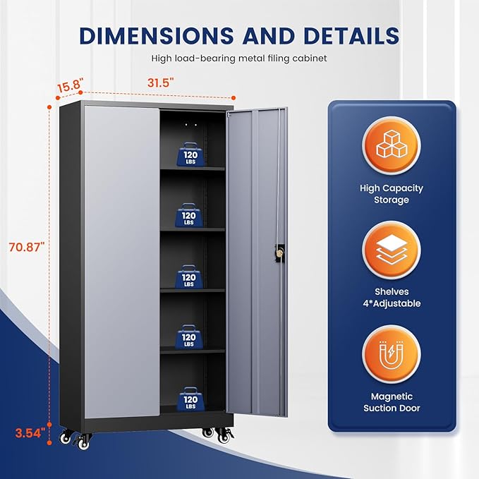Yizosh Metal Garage Storage Cabinet with Locking Doors and Adjustable Shelves,- 75" Rolling Steel Tool Cabinet for Home Office,Garage,Warehouse
