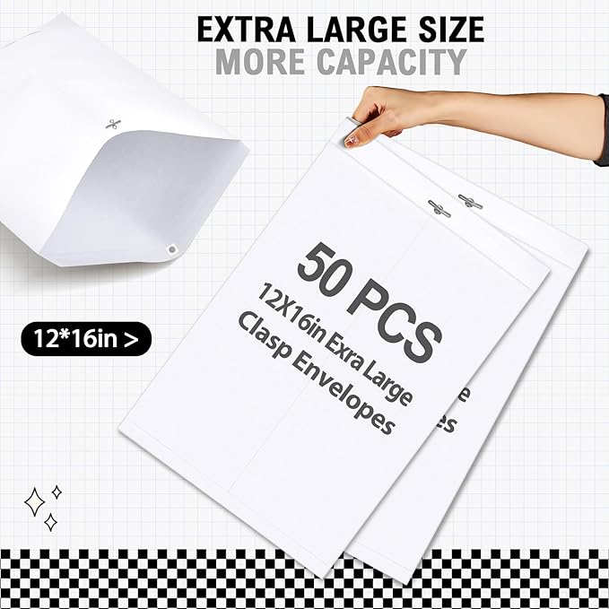 Geyee 50 Pcs 12 x 16 Inch White Manilla Clasp Envelopes Letter Size Mailing Envelopes with Clasp Closure for Filing Storing Documents Office Home Business School