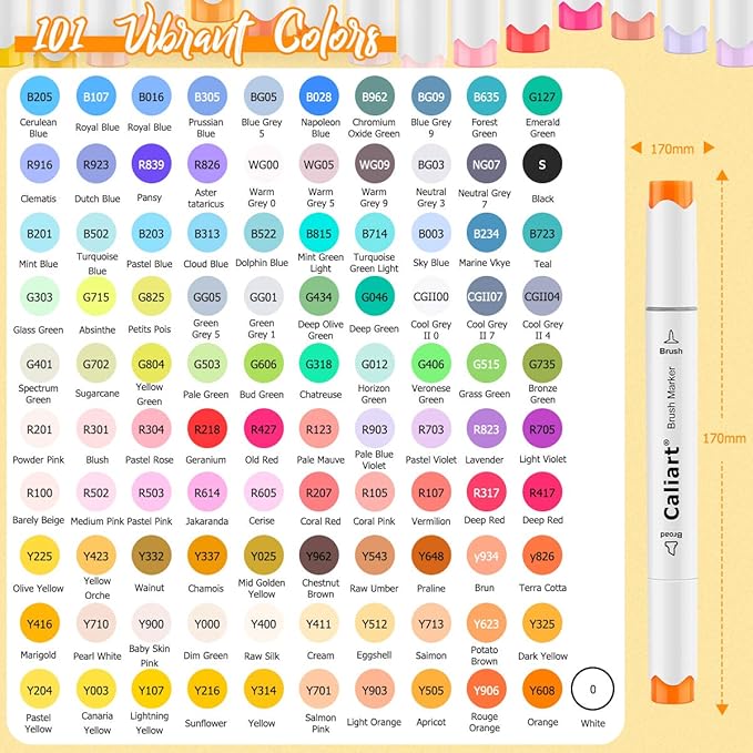Caliart 101 Colors Brush & Chisel Alcohol Markers for Adult Coloring Book, Dual Tip Artist Sketch Art Markers, Aesthetic Cute Preppy Stuff School Supplies, Pens for Lettering Drawing Cards Planner