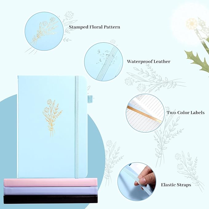 MINICAGIE 3 Pack Lined Journal Notebook for Women Cute Leather Journals for Writing Aesthetic Floral Diary 192 Pages A5 Hardcover Journaling Notebooks with Pen Loop, Blue, Pink, Purple