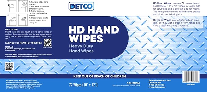 Hand and Tool Wipes, Heavy Duty Tool Cleaning Wipes, Hand Cleaning Wipes, Degreasing, Waterless Hand Cleaner, Dual Surface, Work Surface Wipes - 72 Count