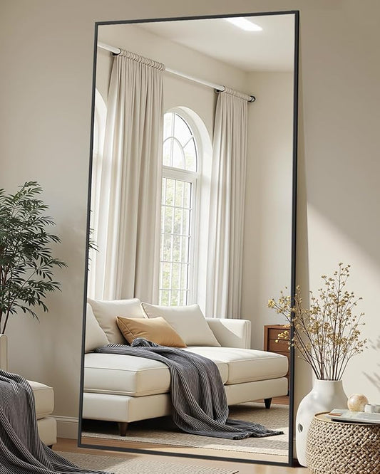 Full-Length Floor Mirror with Stand, 71"x32" Rectangle Style Full Body Standing Mirror for Bedroom, Living Room, Gym, Dorm - Shatter-Resistant & Easy Assembly, Black