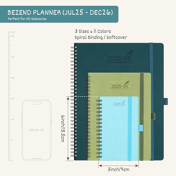 BEZEND Pocket Planner 2025-2026 Weekly and Monthly, 3.5" x 6" Academic Planner (Jul 25-Dec 26) 18-Month Mid-Year Calendar Book, Storage Pocket, Pen Holder, PU Leather Softcover, Spiral - Sky Blue