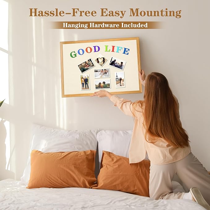 SHANTRA 24 x 18 Inch Bulletin Board with Beige Fabric, Wood Framed Canvas Cork Board, Corkboard for Walls with 10 Pins, Decorative Vision Board, Wall Mounted Notice Board for Home, Office, School