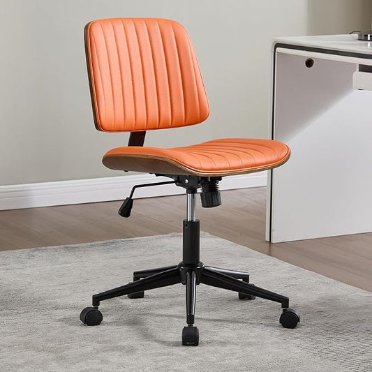 Small Home Office Chair - Armless Mid Back Desk Chair with 360° Swivel and Wheels, PU Upholstered Height Adjustable Modern Walnut Computer Chair for Home, Office Meeting Room - Orange