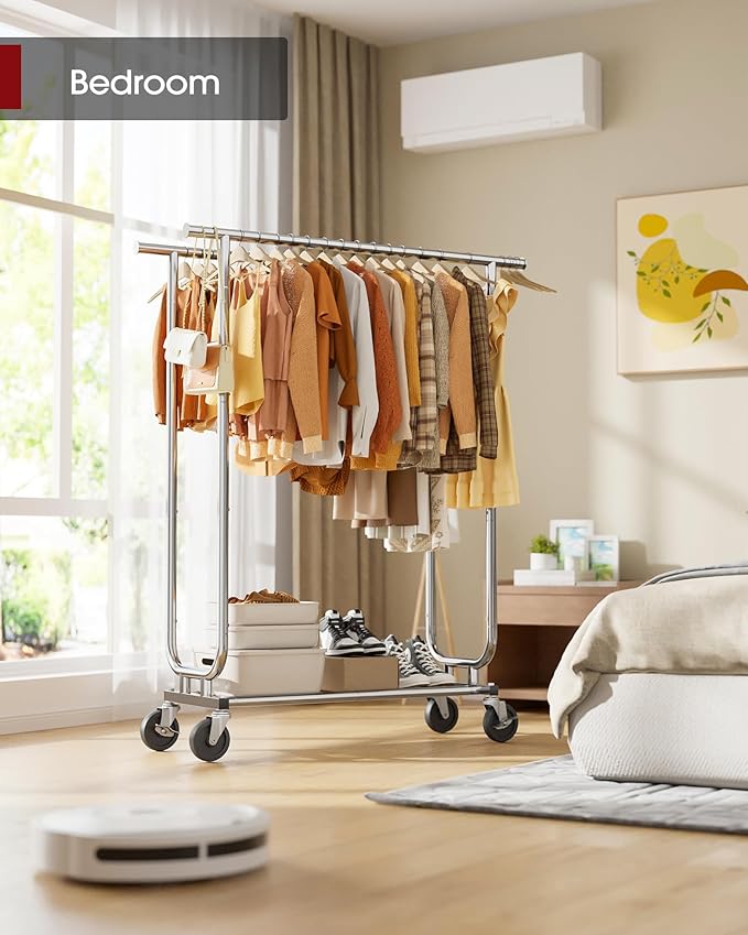 Heavy-Duty Clothes Rack - Double-Rod Stainless Steel Garment Rack with 4-inch Lockable Wheels, Clothing Racks for Hanging Clothes in Bedroom, Laundry Room, 43.3"×16.5"×61.0", Silver