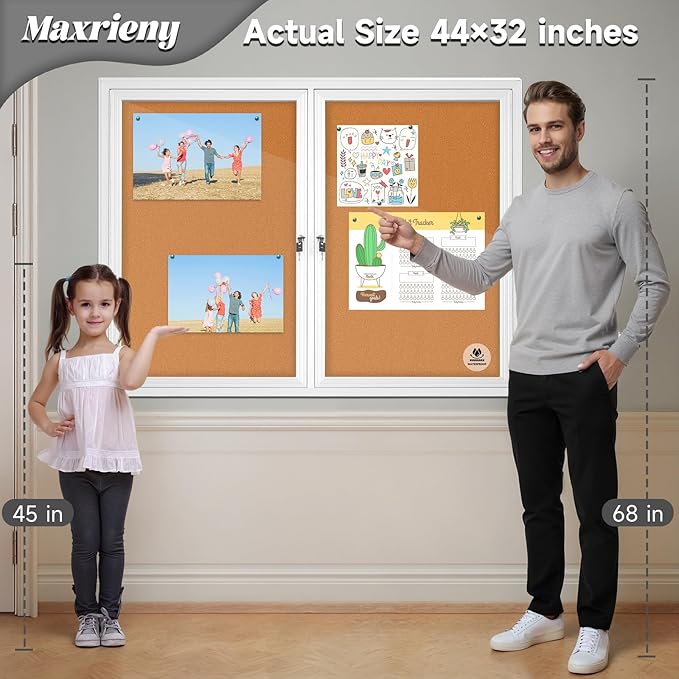 Lockable Outdoor Enclosed Bulletin Board, Weatherproof Cork Noticeboard with Locking Door, Wall-Mounted Aluminum Framed Display Case for Messages,36x24in (5xA4) (Silver Frame & Cork, 44x32 in)