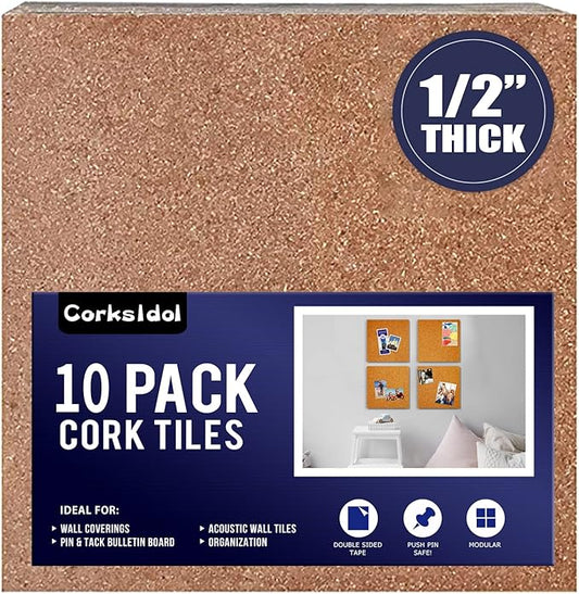 Corksidol Cork Tiles 12"x12" - 1/2" Thick -Bulletin Board-Cork Board- Ultra Strong Self Adhesive Backing for Floor/Wall/DIY-10 Pack