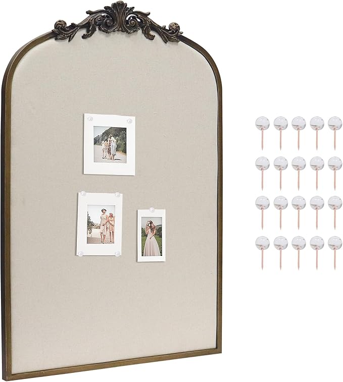 Arch Fabric Pinboard, Antique Gold Bulletin Boards 24"x36", Vintage Cork Board with Ornate Iron Frame for Wall Unique Display, Organization and Decor Options