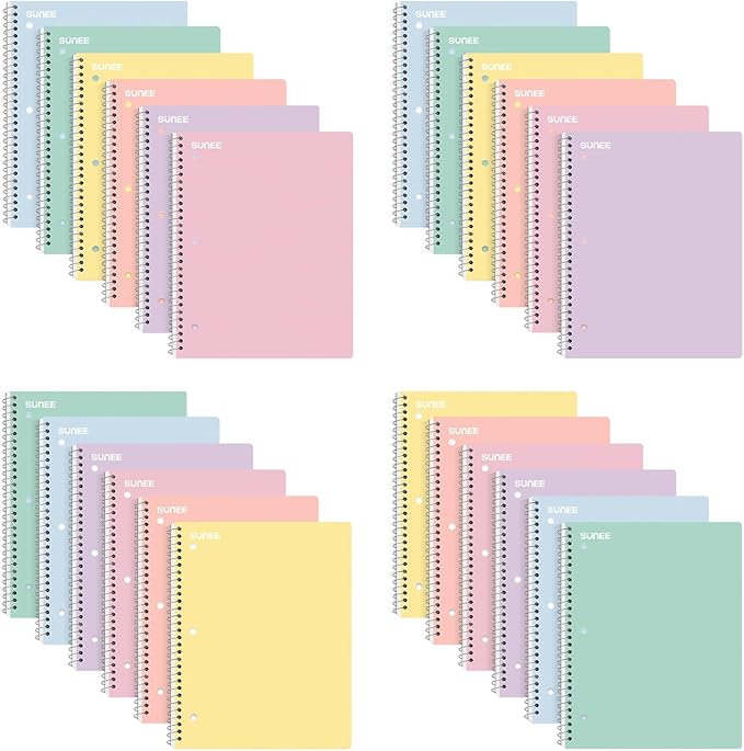 SUNEE Spiral Notebooks, 24 Pack, 1-Subject, College Ruled Paper, 8" x 10-1/2", 70 Sheets per Notebook, Assorted Pastel Colors Spiral Notebooks for School
