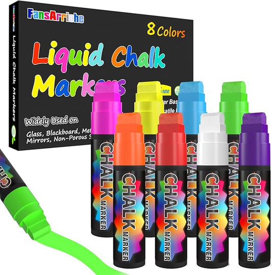 FansArriche Liquid Chalk Markers, 15mm Jumbo Car Window Markers, 8 Pack Erasable Neon Chalk Pens for Chalkboard, Blackboard, Glass, Signs, 3-in-1 Nib