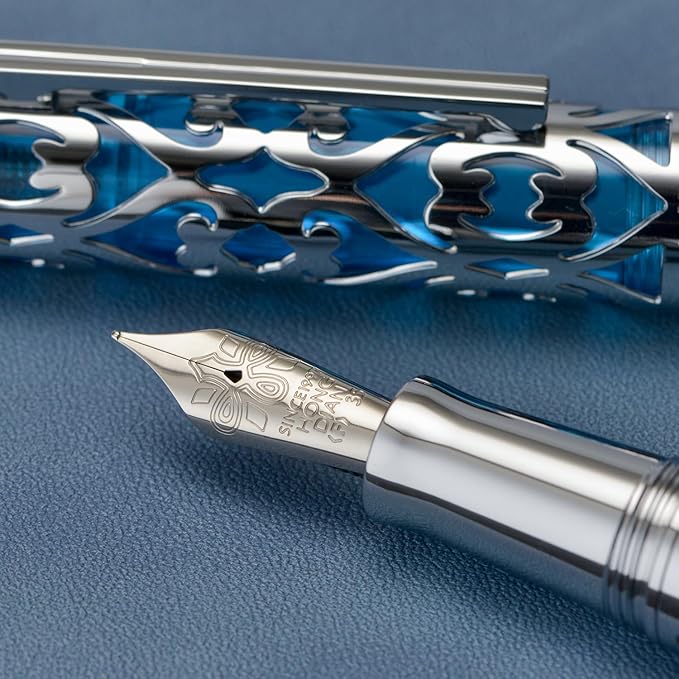 Hongdian D1 Piston Fountain Pen Extra Fine Soft Nib, Silver Blue Hollow Skeleton & Resin Pen with Metal Case Set