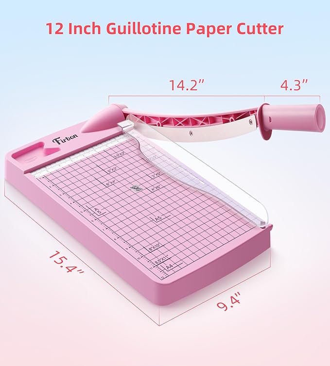 Firbon 12" Guillotine Paper Cutter, Heavy Duty 12-Sheet Capacity Trimmer for Cardstock, Photos, Scrapbooking, Office, Classroom, Studio (Pink)