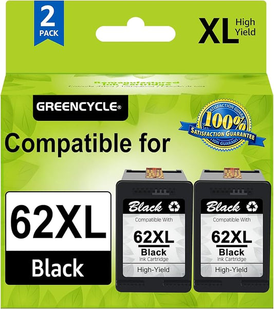 GREENCYCLE 62XL Black Ink Cartridge Replacement for HP 62 XL C2P05AN Remanufactured Cartridges Compatible for Envy 5540 5640 5660 7644 7645 OfficeJet 5740 8040 OfficeJet 200 250 Series Printer, 2 Pack