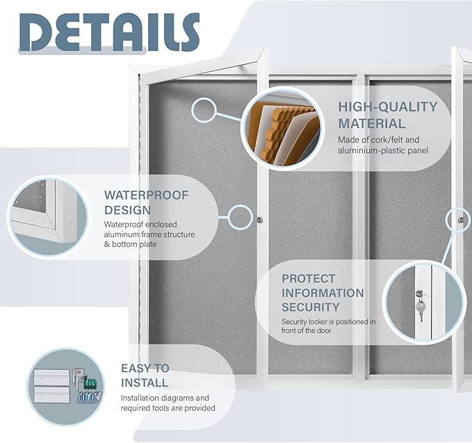 Outdoor Bulletin Board Weatherproof 48x36 in,Enclosed Bulletin Board with Locking Door, Wall Display Case for Office School Home Commercial, Silver Aluminum Frame, Gery Felt