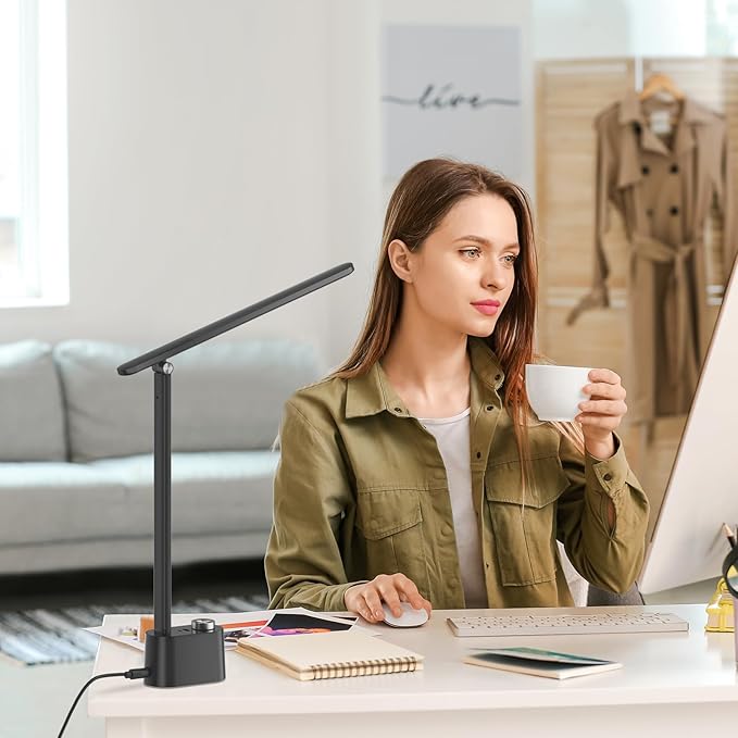 Honeywell Upgraded LED Desk Lamp - H01 Pro Sunturalux™ Foldable Desk Light with USB A+C Charging Ports, 3 Color Modes Dimmable Table Lamp for Home Office Reading(Black)