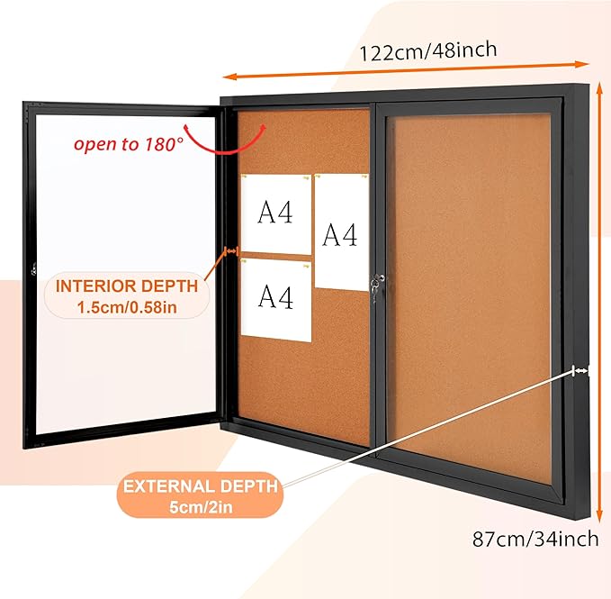 Enclosed Bulletin Board Outdoor Noticeboard with Locking Door, Weather-Resistant, Cork, Black Aluminum Frame, 48 x 34 in