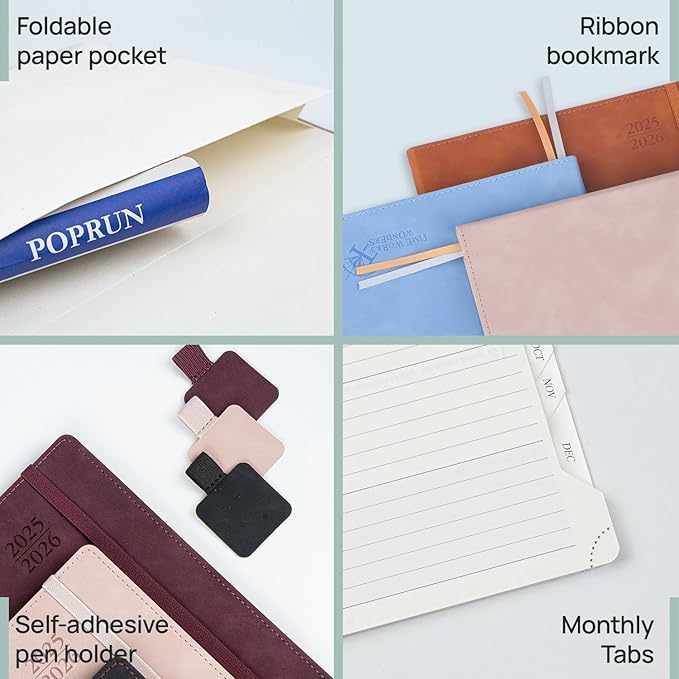 POPRUN Planner 2025-2026 Weekly Notebook (Large 8.5''x 10.5'') Academic Calendar (JUL.25 - JUN.26) Appointment Book with Monthly Tabs, Leather Soft Cover, Inner Pocket, 100 GSM - Brown