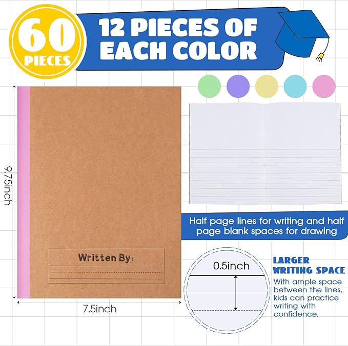Henoyso 60 Pcs Primary Composition Notebook 9 3/4 x 7 1/2 Inch Kids Journal, Back to School Supplies, K-2 Primary Writing Notebook for Kids Student Draw and Write Story Journal (Colorful Macaron Color)