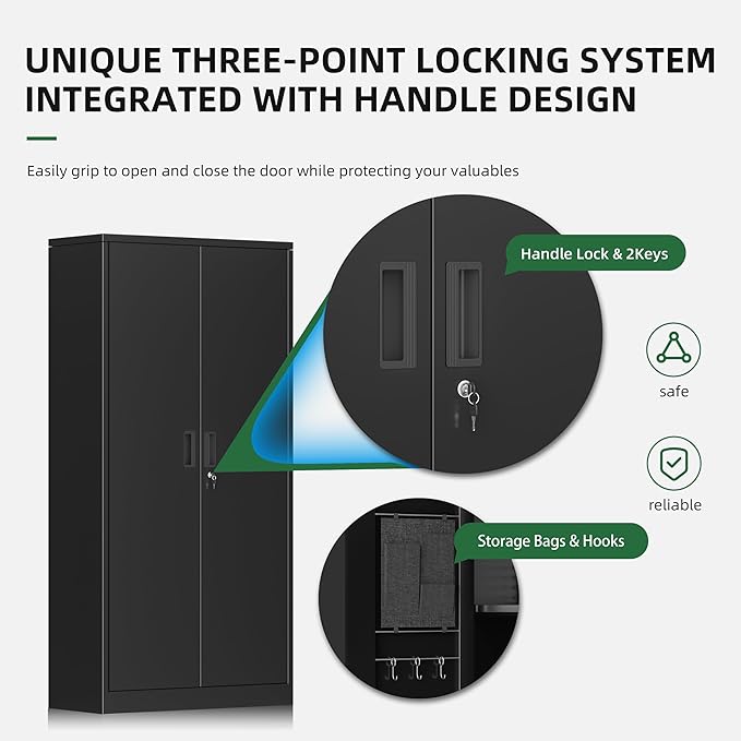 Greenvelly Storage Cabinet with Pegboard,72" Black Garage Steel Locking Cabinet with Doors and 4 Adjustable Shelves,Metal Garage Cabinet for Home Office,Pantry,School(36" Wx18 D)