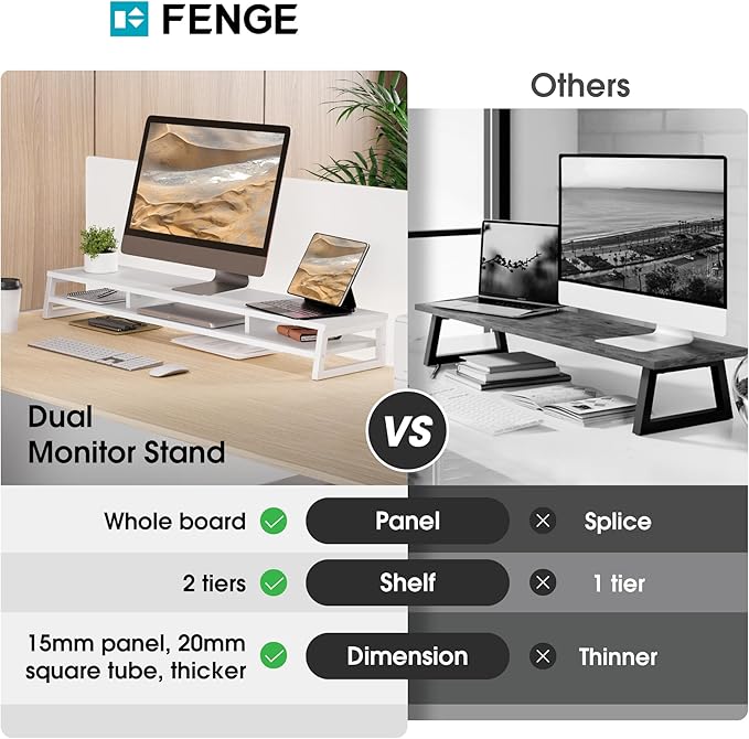 Fenge Dual Monitor Stand for Desk, 42.5in Large Monitor Riser for 2 Monitors, 2 Tier Computer Office Desk Top Shelf, Desktop Storage Stand for Laptop, PC, Computer, Printer