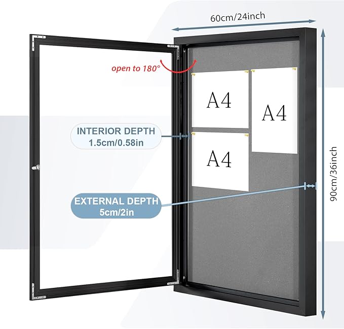 Enclosed Bulletin Board Outdoor Noticeboard with Locking Door, Weather-Resistant, Grey Felt, Black Aluminum Frame, 36 x 24 in