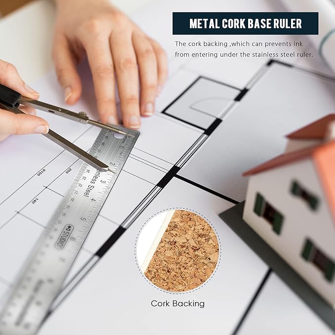 Frienda 2 Pcs Metal Ruler Cork Backed 12 Inch and 18 Inch Stainless Steel Rulers with Cork Backing Non Slip Straight Measure Edge for Student Graduation School Supply